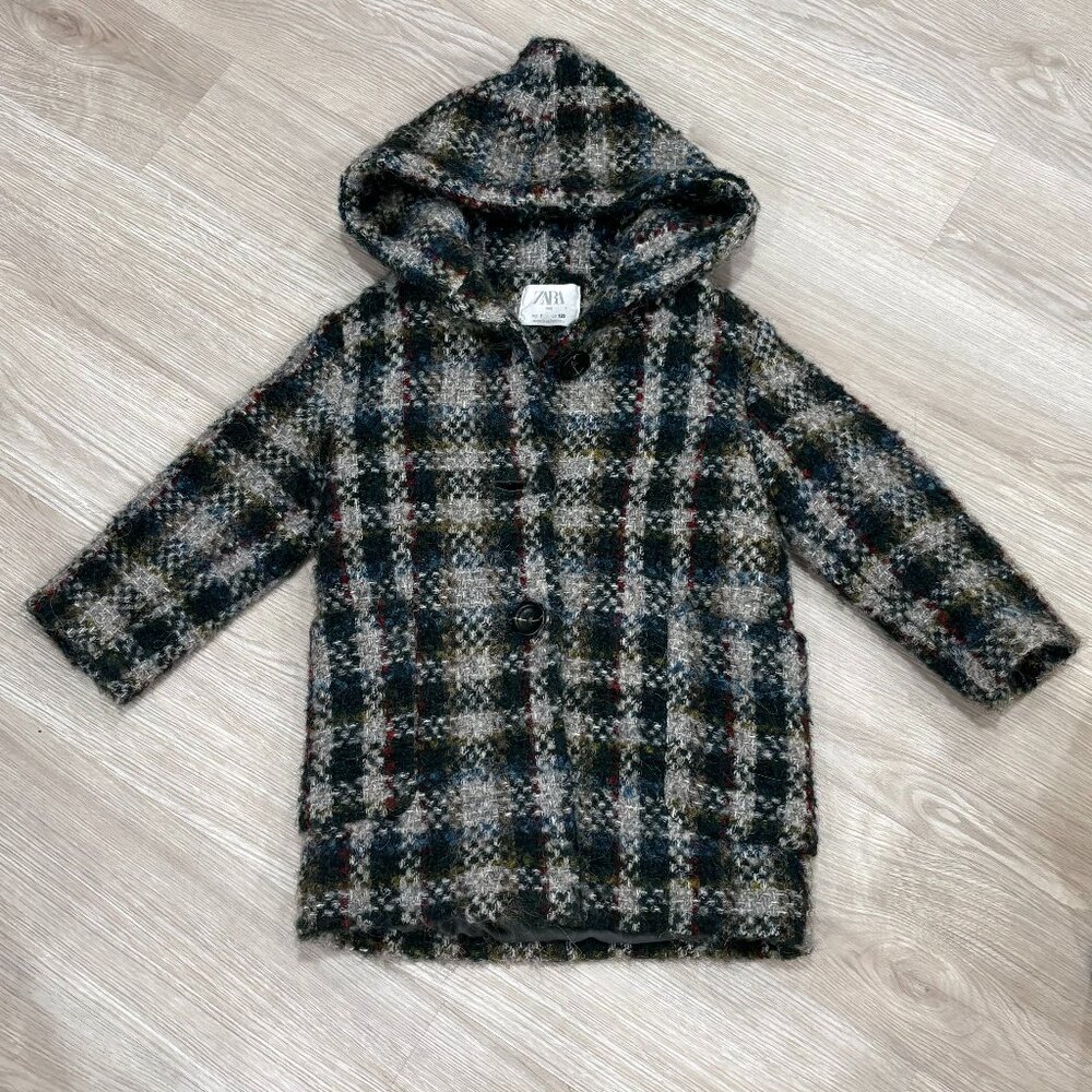 ZARA Kids Hooded Plaid Wool Blend Coat - Size 7